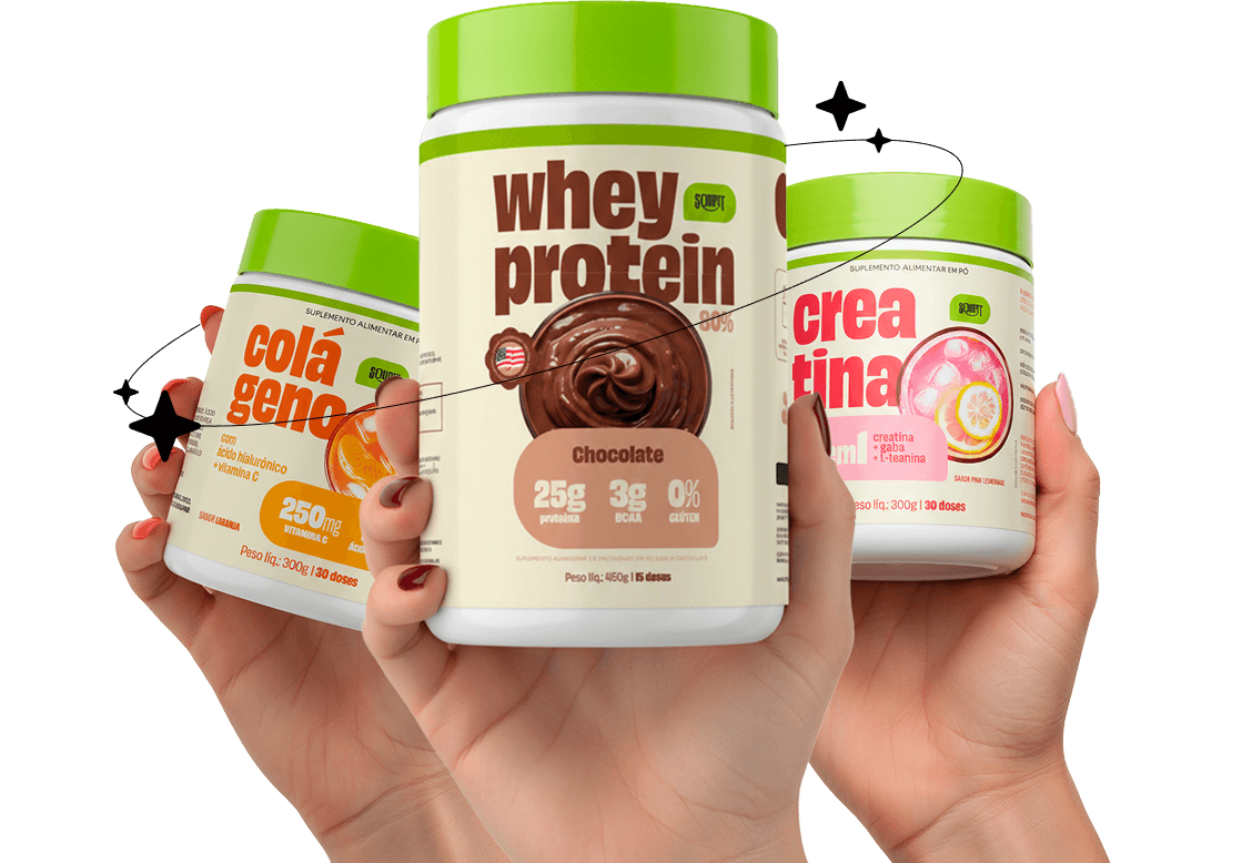 Kit com whey, creatina e colágeno